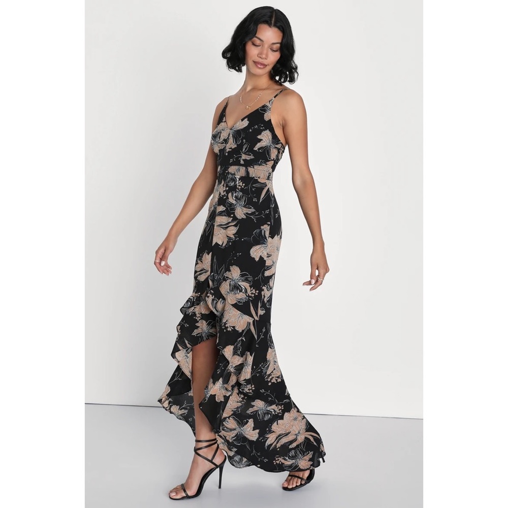 Lulus Darling Daylily Black Floral Print High Low Maxi Dress Ruffle Cocktail